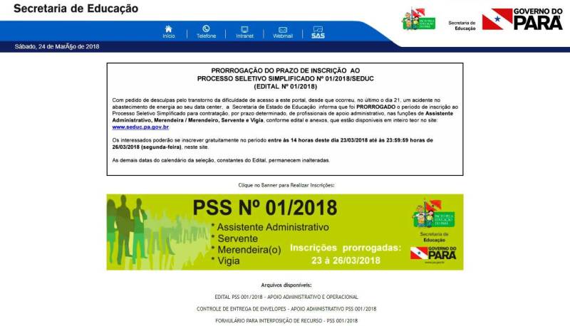 Está restabelecido, desde a noite desta sexta-feira (23), o acesso ao edital do Processo Seletivo Simplificado (PSS) que a Secretaria de Estado de Educação (Seduc) abriu para contratar servidores temporários da área administrativa. Estão sendo ofertadas 1.202 vagas, sendo 375 para merendeira/merendeiro, 454 para servente, 120 para vigia e 253 para assistente administrativo. O prazo prorrogado para inscrição termina na segunda-feira (26). Até o final da manhã deste sábado (24), mais de 20 mil candidatos já haviam feito a inscrição no portal (foto) www.seduc.pa.gov.br. A prorrogação ocorreu depois que o portal ficou inoperante devido à inconsistência de conexão.
FOTO: REPRODUÇÃO
DATA: 24.03.2018
BELÉM - PARÁ <div class='credito_fotos'>Foto: REPRODUÇÃO | <a href='/midias/2018/originais/0afdaa88-d7ab-44e1-a436-dde5645c6106.jpg' download><i class='fa-solid fa-download'></i> Download</a></div>