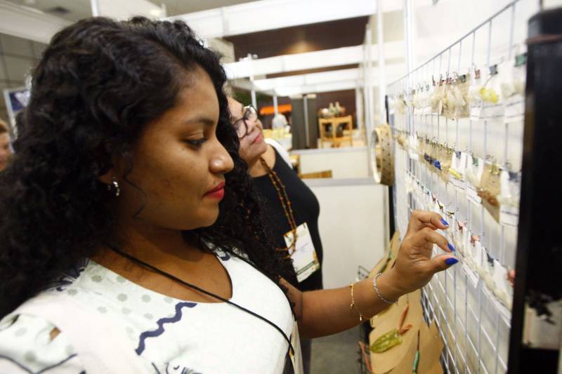 Autoridades, cientistas, empresários e produtores rurais participaram, na noite desta segunda-feira (12), no Hangar Convenções e Feiras da Amazônia, da abertura do XVII Congresso Brasileiro de Mandioca e do II Congresso Latino-Americano e Caribenho de Mandioca, os dois mais importantes eventos voltados à mandiocultura no Brasil e no continente, que ocorrem pela primeira vez no Pará. Nem só a farinha, porém, nasce da mandioca. A artesã Suelen Reis, 37 anos (foto), de Belém, foi ao congresso para apresentar biojoias produzidas a partir das folhas da planta.
FOTO: THIAGO GOMES / AG. PARÁ
DATA: 12.03.2018
BELÉM - PARÁ <div class='credito_fotos'>Foto: Thiago Gomes /Ag. Pará | <a href='/midias/2018/originais/1ea1883c-9e08-4894-bdd0-ec7b70e8f08a.jpg' download><i class='fa-solid fa-download'></i> Download</a></div>
