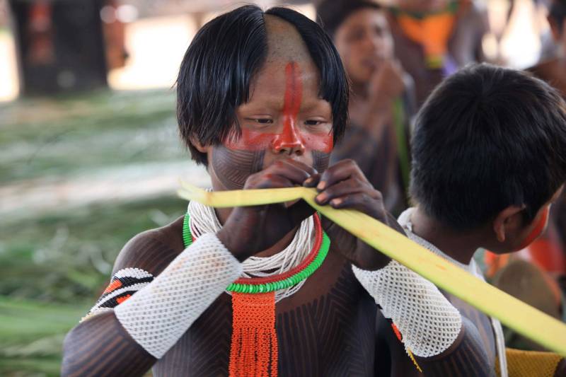 Está quase tudo pronto para a 6ª Semana dos Povos Indígenas, que começa neste domingo (15), em São Félix do Xingu, no sudeste do Pará. Antes de sair das aldeias em direção a São Félix – o terceiro maior município paraense em extensão territorial, atrás apenas de Altamira e Oriximiná –, as tribos fazem festa, numa espécie de preparação para os dias vindouros longe de casa. Na aldeia Krôkamôr, às margens do Rio Xingu e longe cerca de oito horas de barco da sede municipal, homens, mulheres e crianças Kayapó se unem na dança Kwyrykangô.
FOTO: RODOLFO OLIVEIRA / AG. PARÁ
DATA: 15.04.2018
SÃO FÉLIX DO XINGU - PARÁ <div class='credito_fotos'>Foto: Rodolfo Oliveira/Ag. Pará | <a href='/midias/2018/originais/28ffb4ab-57d9-4a8f-9016-1948f59b60de.jpg' download><i class='fa-solid fa-download'></i> Download</a></div>