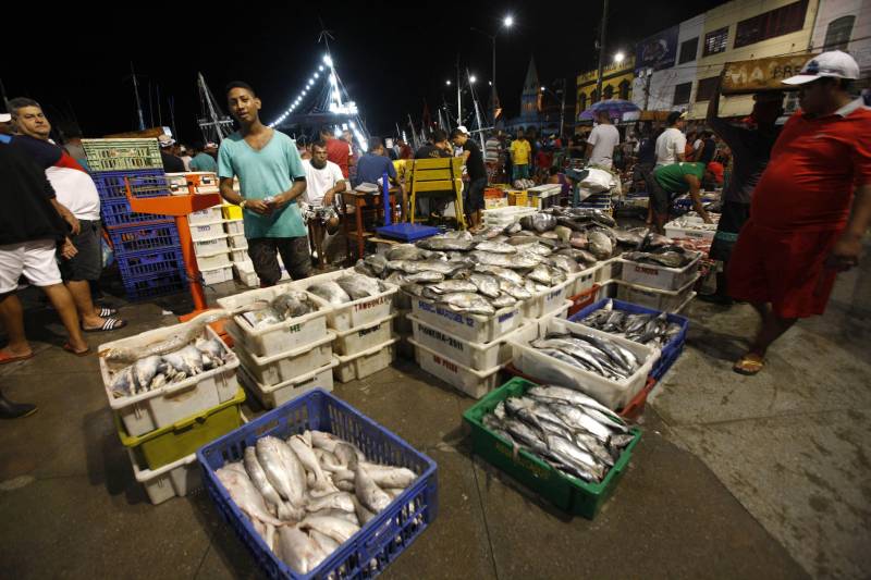 A proibição da saída do pescado durante a Semana Santa já vem sendo posta em prática há mais de duas décadas, mas, ao longo dos últimos anos, vem perdendo cada vez mais a eficácia. Na fato, pescado na feira do Ver-o-Peso.
FOTO: RODOLFO OLIVEIRA / ARQUIVO AG. PARÁ
DATA: 07.03.2018
BELÉM - PARÁ <div class='credito_fotos'>Foto: Rodolfo Oliveira/Ag. Pará | <a href='/midias/2018/originais/3cfb4c3b-b11b-42ce-8a76-a83b0ee2bdd2.jpg' download><i class='fa-solid fa-download'></i> Download</a></div>
