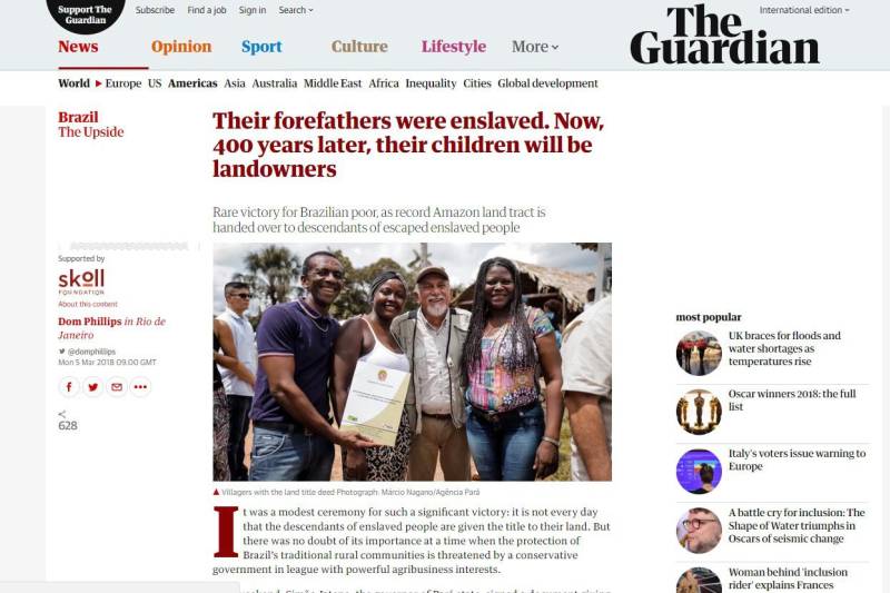 A importância de se reconhecer terras quilombolas e dar a população que reside nesses locais o título de sua terra foi notícia, nesta segunda-feira (5), no Jornal inglês The Gardian. O periódico deu destaque para a titulação mais recente feita pelo Governo do Pará, que ocorreu no sábado (3), em Cachoeira Porteira, quilombo localizado no município de Oriximiná, no oeste do Estado.

FOTO: REPRODUÇÃO 
DATA: 05.03.2018 <div class='credito_fotos'>Foto: REPRODUÇÃO   |   <a href='/midias/2018/originais/45024a83-e93e-4972-bb4f-6b2ac04de450.jpg' download><i class='fa-solid fa-download'></i> Download</a></div>
