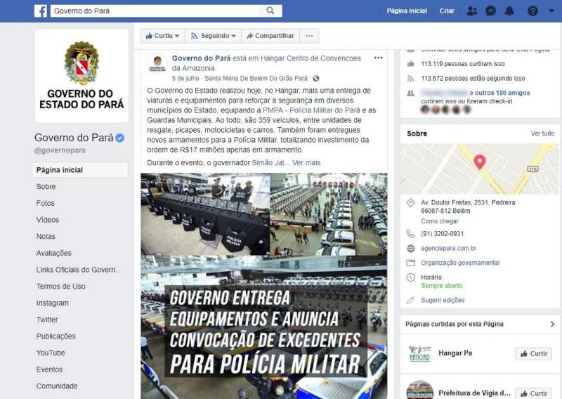 Os atos e ações do Governo do Estado voltam a ser divulgados nos canais de comunicação institucionais a partir desta segunda-feira (29), após quase quatro meses de suspensão. Sites oficiais e redes sociais haviam sido suspensos em respeito à legislação eleitoral (Lei 9.504/ 1997, Lei 13.303/ 2016, Resoluções Tribunal Superior Eleitoral – Eleições 2018). Segundo o procurador geral do Estado, Ophir Cavalcante Júnior, a administração pode ser conduzida com menos amarras de agora em diante, porém, ainda é preciso tomar alguns cuidados. “Não significa que os gestores poderão fazer tudo. Não se pode, por exemplo, nomear servidores concursados este ano, nem aumentar as despesas, para não gerar problemas para o futuro governo”, alerta. Na foto, página do Governo do Estado do Pará, na rede social Facebook.
FOTO: REPRODUÇÃO
DATA: 29.10.2018
BELÉM - PARÁ <div class='credito_fotos'>Foto: REPRODUÇÃO | <a href='/midias/2018/originais/77dc7c09-cf87-429c-be1e-df01f59c7dc1.jpg' download><i class='fa-solid fa-download'></i> Download</a></div>