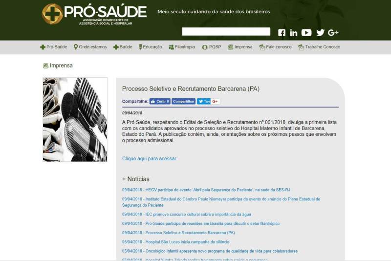 A Pró-Saúde Associação Beneficente de Assistência Social e Hospitalar, gestora do Hospital Materno Infantil de Barcarena, localizado no nordeste paraense, divulgou nesta segunda-feira (9), a primeira lista de aprovados para o processo seletivo da unidade, que será uma das mais modernas do Estado do Pará.

FOTO: REPRODUÇÃO
DATA: 09.04.2018
BELÉM - PARÁ <div class='credito_fotos'>Foto: Divulgação   |   <a href='/midias/2018/originais/78f24115-dd24-42ca-8cf8-3293656856eb.jpg' download><i class='fa-solid fa-download'></i> Download</a></div>