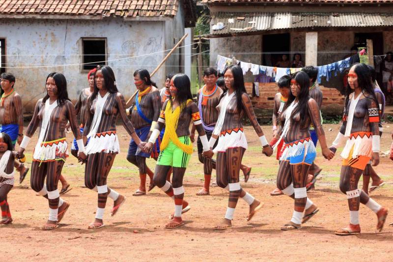 Está quase tudo pronto para a 6ª Semana dos Povos Indígenas, que começa neste domingo (15), em São Félix do Xingu, no sudeste do Pará. Antes de sair das aldeias em direção a São Félix – o terceiro maior município paraense em extensão territorial, atrás apenas de Altamira e Oriximiná –, as tribos fazem festa, numa espécie de preparação para os dias vindouros longe de casa. Na aldeia Krôkamôr, às margens do Rio Xingu e longe cerca de oito horas de barco da sede municipal, homens, mulheres e crianças Kayapó se unem na dança Kwyrykangô.
FOTO: RODOLFO OLIVEIRA / AG. PARÁ
DATA: 15.04.2018
SÃO FÉLIX DO XINGU - PARÁ <div class='credito_fotos'>Foto: Rodolfo Oliveira/Ag. Pará | <a href='/midias/2018/originais/7ed1e262-c0b3-445d-a4f2-b7159a709827.jpg' download><i class='fa-solid fa-download'></i> Download</a></div>