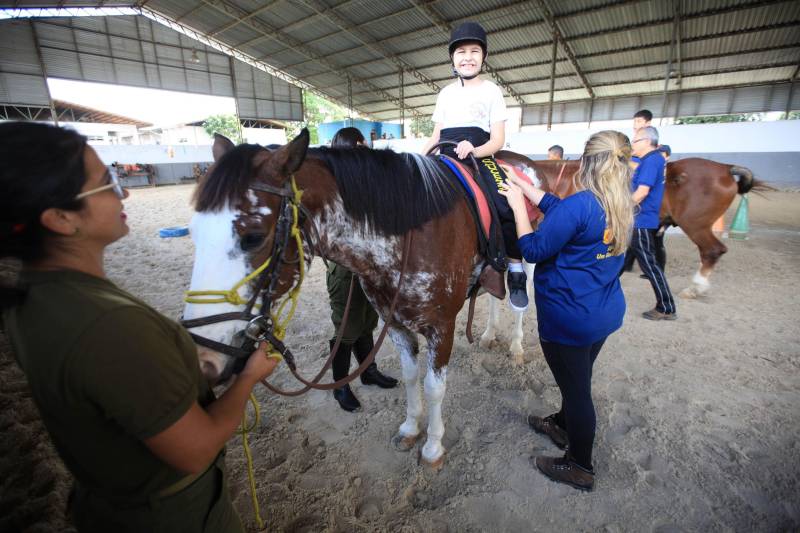 “Quando recebi a indicação de terapeutas e médicos de que meu filho autista deveria fazer equoterapia, não imaginava que conquistaríamos resultados tão maravilhosos, que ele começaria a interagir, perder o medo dos animais, melhorar a postura e ter mais autonomia”. O depoimento emocionado é de Isabel Melo, mãe de João Vitor, de 10 anos (foto), paciente do Programa de Equoterapia, realizado pela Polícia Militar do Pará.
FOTO: MÁCIO FERREIRA / AG. PARÁ
DATA: 02.04.2018
BELÉM - PARÁ <div class='credito_fotos'>Foto: MÁCIO FERREIRA/ AG. PARÁ | <a href='/midias/2018/originais/a43ad71f-7cb5-4af7-8a0e-4a19c8dac4cc.jpg' download><i class='fa-solid fa-download'></i> Download</a></div>