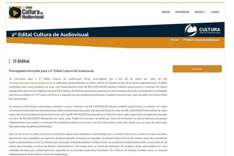 Produtoras paraenses ainda podem inscrever projetos de ficção, documentário e animação no 2º Edital Cultura de Audiovisual, que teve as inscrições prorrogadas até o dia 30 de junho. Os interessados podem submeter os trabalhos por meio do site www.portalcultura.net.br/audiovisual. 

FOTO: REPRODUÇÃO
DATA: 15.06.2018
BELÉM - PARÁ <div class='credito_fotos'>Foto: REPRODUÇÃO   |   <a href='/midias/2018/originais/a580bd69-a336-424c-9d23-a725078895e3.jpg' download><i class='fa-solid fa-download'></i> Download</a></div>