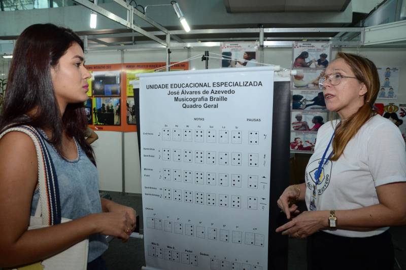 O acesso à leitura da partitura musical por meio das pontas dos dedos para a Pessoa com Deficiência Visual (PcD). É a Musicografia Braille, que esteve em exposição no estande da Secretaria de Estado de Educação (Seduc), nesta segunda-feira, 4, na 22ª Feira do Livro, no Hangar, em Belém. Os técnicos, da Unidade Especializada Álvares de Azevedo da Coordenadoria de Educação Especial (Coees) da Seduc, levaram todas as orientações para o público interessado em conhecer  essa especificidade do Código Braille criado para a escrita e leitura de partituras musicais. Na foto, as professoras de música Tainá Façanha (e) e Rosana Furtado (d).

FOTO: FERNANDO NOBRE / ASCOM SEDUC
DATA: 04.06.2018
BELÉM - PARÁ <div class='credito_fotos'>Foto: FERNANDO NOBRE/ASCOM SEDUC   |   <a href='/midias/2018/originais/b7c01e77-61d9-477b-8512-c9515fedd64e.jpg' download><i class='fa-solid fa-download'></i> Download</a></div>