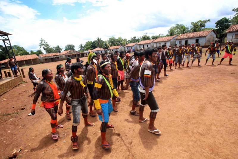 Está quase tudo pronto para a 6ª Semana dos Povos Indígenas, que começa neste domingo (15), em São Félix do Xingu, no sudeste do Pará. Antes de sair das aldeias em direção a São Félix – o terceiro maior município paraense em extensão territorial, atrás apenas de Altamira e Oriximiná –, as tribos fazem festa, numa espécie de preparação para os dias vindouros longe de casa. Na aldeia Krôkamôr, às margens do Rio Xingu e longe cerca de oito horas de barco da sede municipal, homens, mulheres e crianças Kayapó se unem na dança Kwyrykangô.
FOTO: RODOLFO OLIVEIRA / AG. PARÁ
DATA: 15.04.2018
SÃO FÉLIX DO XINGU - PARÁ <div class='credito_fotos'>Foto: Rodolfo Oliveira/Ag. Pará | <a href='/midias/2018/originais/c95fe71c-6ab1-4eec-9448-fe1503de9423.jpg' download><i class='fa-solid fa-download'></i> Download</a></div>