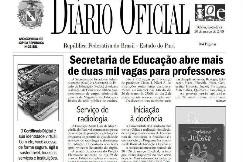 A Secretaria de Estado da Administração (Sead) publicou no Diário Oficial do Estado (DOE) desta terça-feira, 20 , o edital 01/2018 do concurso público C - 173 da Secretaria de Educação do Estado do Pará (Seduc). O concurso visa preencher 2.112 vagas para cargos de nível superior. A empresa que venceu a licitação e fará organização do concurso é a Consulplan.

FOTO: REPRODUÇÃO
DATA: 20.03.2018
BELÉM - PARÁ <div class='credito_fotos'>Foto: REPRODUÇÃO   |   <a href='/midias/2018/originais/d5c164cb-e54a-4d57-9fc1-81888431d485.jpg' download><i class='fa-solid fa-download'></i> Download</a></div>