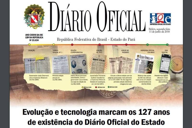 Uma trajetória evolutiva e tecnológica marca o aniversário de 127 anos do Diário Oficial do Estado (DOE), completados nesta segunda-feira, 11. A primeira edição circulou no final do século XIX, mais precisamente no dia 11 de junho de 1891.
FOTO: REPRODUÇÃO
DATA: 11.06.2018
BELÉM - PARÁ <div class='credito_fotos'>Foto: REPRODUÇÃO | <a href='/midias/2018/originais/da75f910-9f44-41d5-b824-8aa544ecd7af.jpg' download><i class='fa-solid fa-download'></i> Download</a></div>