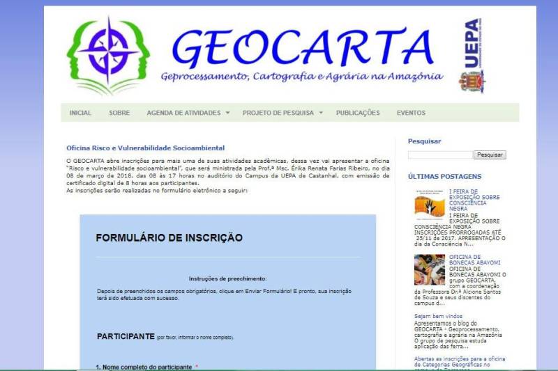 O Grupo de Pesquisa Geoprocessamento, Cartografia e Agrária na Amazônia (Geocarta) abriu inscrições para a oficina “Risco e Vulnerabilidade Socioambiental", com carga horária de 8 h, a ser ministrada no próximo dia 8 de março (quinta-feira), no auditório do Campus XX da Universidade do Estado do Pará (Uepa), em Castanhal.

FOTO: REPRODUÇÃO
DATA: 04.03.2018
BELÉM - PARÁ <div class='credito_fotos'>Foto: REPRODUÇÃO   |   <a href='/midias/2018/originais/dddfab1e-0aa8-4bfe-8958-17007f55fa30.jpg' download><i class='fa-solid fa-download'></i> Download</a></div>
