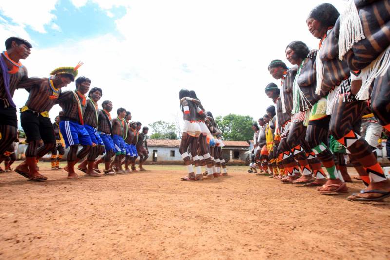 Está quase tudo pronto para a 6ª Semana dos Povos Indígenas, que começa neste domingo (15), em São Félix do Xingu, no sudeste do Pará. Antes de sair das aldeias em direção a São Félix – o terceiro maior município paraense em extensão territorial, atrás apenas de Altamira e Oriximiná –, as tribos fazem festa, numa espécie de preparação para os dias vindouros longe de casa. Na aldeia Krôkamôr, às margens do Rio Xingu e longe cerca de oito horas de barco da sede municipal, homens, mulheres e crianças Kayapó se unem na dança Kwyrykangô.
FOTO: RODOLFO OLIVEIRA / AG. PARÁ
DATA: 15.04.2018
SÃO FÉLIX DO XINGU - PARÁ <div class='credito_fotos'>Foto: Rodolfo Oliveira/Ag. Pará | <a href='/midias/2018/originais/e38847dc-7a77-45a2-9f4d-a6d52c3a9b06.jpg' download><i class='fa-solid fa-download'></i> Download</a></div>
