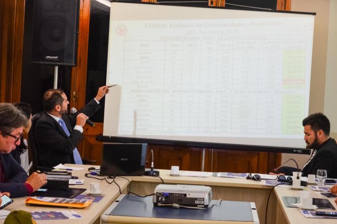 Os gestores dos órgãos integrados de segurança pública apresentaram na tarde desta quarta-feira (13), na Assembleia Legislativa do Pará (Alepa), as ações dos dois primeiros meses do Governo Helder Barbalho na área de segurança pública, que neste período já resultaram na redução de crimes violentos no Pará. O titular da Segup, Ualame Machado, apresentou os números aos deputados Toni Cunha, presidente da Comissão de Segurança, e Delegado Caveira, vice-presidente; e aos demais membros, deputados Nilton Neves, Miro Sanova, Michele Begot, Paula Gomes; o deputado Francisco Melo Filho (Chicão), líder do governo na Alepa, e o deputado convidado Eliel Faustino.

FOTO: ELIELSON MODESTO / ASCOM SEGUP
DATA: 13.03.2019
BELÉM - PA <div class='credito_fotos'>Foto: Elielson Modesto / Ascom Segup   |   <a href='/midias/2019/originais/0731e2b8-2712-48c2-9094-483c647d2031.jpg' download><i class='fa-solid fa-download'></i> Download</a></div>