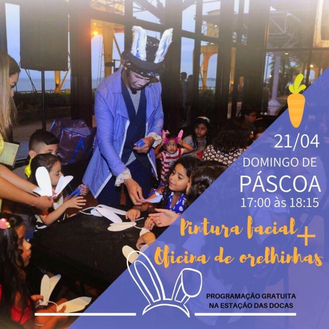No domingo (21)  a programação de Páscoa da Estação oferece oficina de orelinhas de coelho e pintura facial com Grupo Umbáu Artes e Animações. A programação é gratuita e será realizada no Armazém 2, das 17h às 18h15.  <div class='credito_fotos'>Foto: Nenhum   |   <a href='/midias/2019/originais/3f01cc35-ec30-4a5d-ac08-d3e5cd242bd8.jpg' download><i class='fa-solid fa-download'></i> Download</a></div>