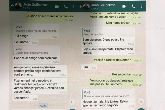 O nome e a foto do diretor-geral do Departamento de Trânsito do Estado (Detran), João Guilherme Macedo, estão sendo usados em golpe aplicado pelo WhatsApp. Os golpistas enviam mensagens para números diversos e oferecem serviços como isenção de multas e facilitação do processo de habilitação usando conta corrente em nome de Deuzarina Dias Marreiro.

FOTO: DIVULGAÇÃO / ASDECOM DETRAN PARÁ
DATA: 01.02.2019
BELÉM - PARÁ
 <div class='credito_fotos'>Foto: ASCOM DETRAN   |   <a href='/midias/2019/originais/47710c8f-0dd0-4a43-94a4-a98ab6752fa6.jpg' download><i class='fa-solid fa-download'></i> Download</a></div>