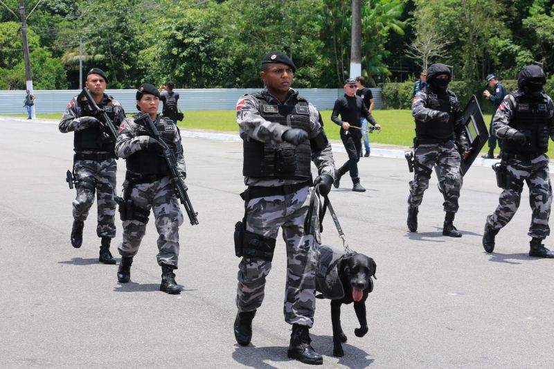O Dia da Polícia Militar do Pará foi celebrado, na manhã desta quarta-feira (25), com uma solenidade realizada no quartel do Comando-Geral da PM, no bairro Parque-Guajará, em Belém. O evento, que também celebrou os 201 anos da corporação paraense, teve como destaques a promoção de 55 oficiais e 2.549 praças; a entrega de coletes balísticos, armamentos, computadores, novos veículos e uniformes; além da entrega da Medalha do Mérito Policial Militar “Coronel Fontoura” a personalidades civis e militares. <div class='credito_fotos'>Foto: Marco Santos / Ag. Pará   |   <a href='/midias/2019/originais/5496_estadohomenageiamilitaresduranteaniversariode201anosdapm-fotomarcosantos-78.jpg' download><i class='fa-solid fa-download'></i> Download</a></div>