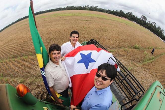 O governador Helder Barbalho participou, neste sábado (23), do início da colheita de soja e do plantio de milho safrinha na Fazenda Cristo Rei, em Belterra, no oeste do Pará. Este ano, a cerimônia também comemora o aumento da produção na região em relação ao ano passado. Está prevista a colheita de 3,3 toneladas por hactare, 200 quilos a mais que a colheita do ano anterior. Ao todo, o oeste paraense tem 70 mil hactares de área plantada, em três municípios: Santarém, Belterra e Mojuí dos Campos.

FOTO: MARCO SANTOS / AG. PARÁ
DATA: 23.03.2019
BELTERRA - PARÁ <div class='credito_fotos'>Foto: Marco Santos / Ag. Pará   |   <a href='/midias/2019/originais/7b99d78d-fc2a-487b-a62a-0ea4c5dca6c2.jpg' download><i class='fa-solid fa-download'></i> Download</a></div>
