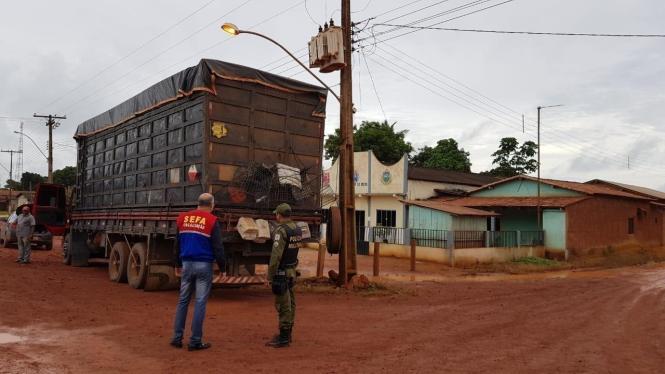 A Secretaria de Estado da Fazenda do Pará (Sefa) apreendeu, nesta terça-feira (26), dois veículos transportando ilegalmente 51 cabeças de gado. O flagrante aconteceu na coordenação de mercadorias em trânsito do Itinga, em Dom Eliseu, na divisa com o estado do Maranhão. O transporte era feito sem nota fiscal.

FOTO: ASCOM / SEFA
DATA: 27.02.2019
DOM ELISEU - PARÁ <div class='credito_fotos'>Foto: Nenhum   |   <a href='/midias/2019/originais/f3c9bd04-7756-49b1-869a-9bab54351594.jpg' download><i class='fa-solid fa-download'></i> Download</a></div>
