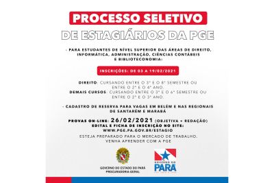 notícia: PGE abre processo seletivo para formação do quadro reserva de estagiários