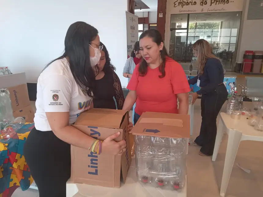 Foram utilizados materiais como garrafas pet, papelão e fita adesiva